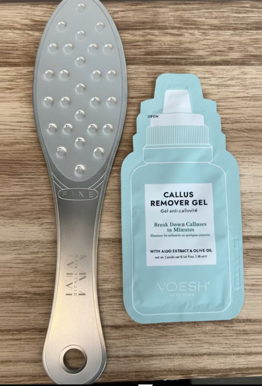 Stainless steel foot file with fine exfoliating surface designed to remove calluses and smooth rough heels”